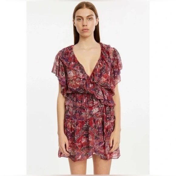 US 6 FR 36 Womens IRO Talara Short Red Dress Printed Chiffon - Picture 1 of 6